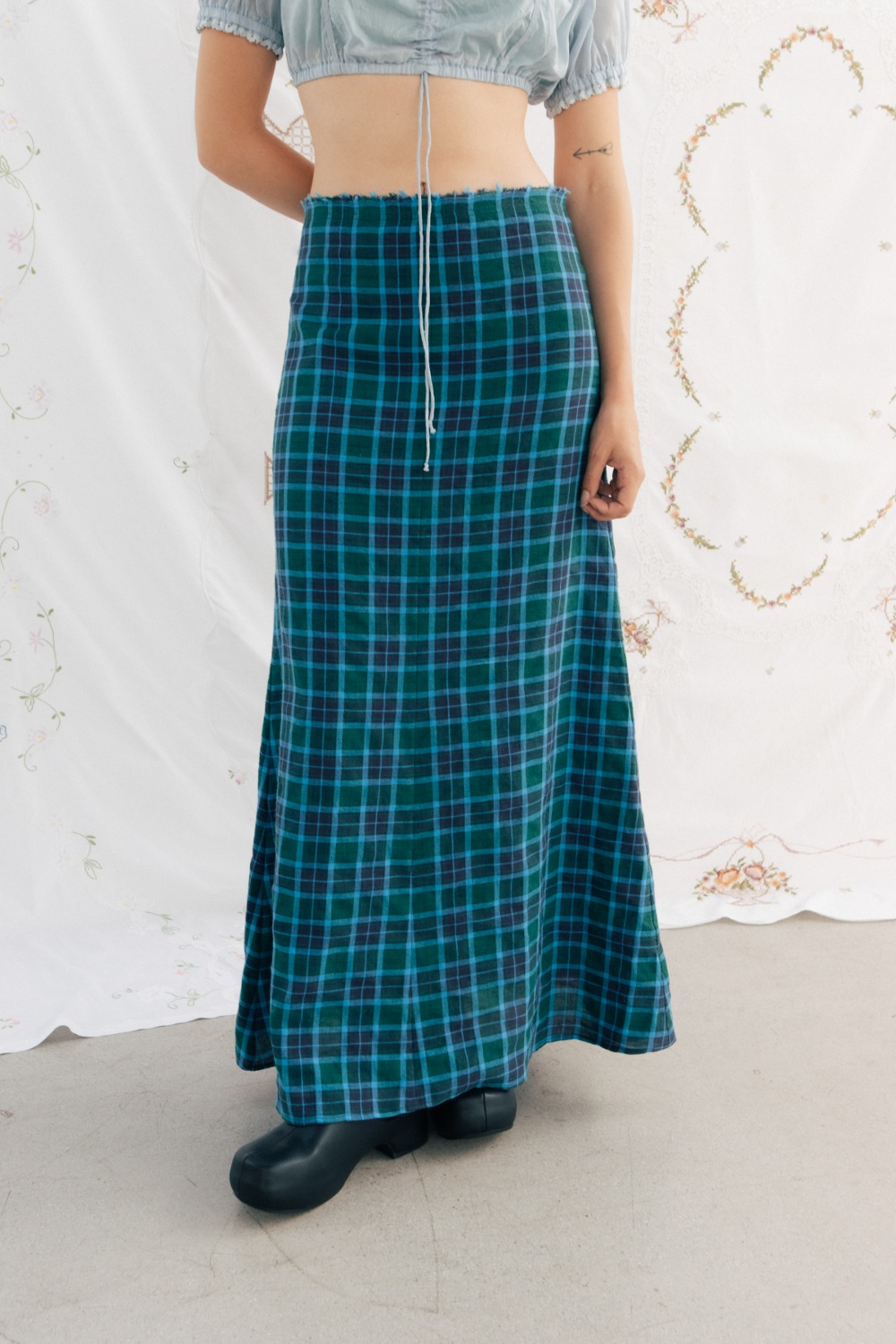Via Linen check long skirt (Green check)